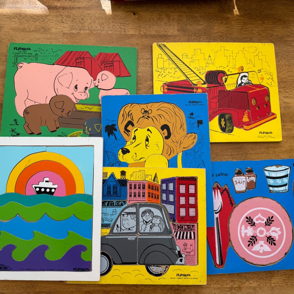 Vintage Playskool Wooden Puzzles 6 Sesame Street Drive Lion Table Fire Pigs